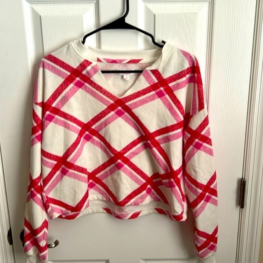 Colsie Cozy Plaid Sweatshirt Loungewear V Neck Long Sleeve Pullover Top Small